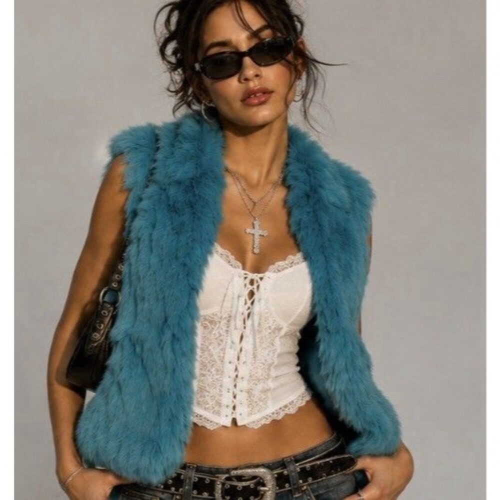 Carrie Allen Turquoise Rabbit Fur Vest Women M Y2K Glam Statement